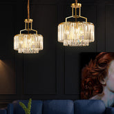 Modern 2-Tier Crystal Prism Pendant Chandelier - Gold Finish - This luxurious clear crystal prism pendant light is certainly a magnificent piece that would elevate the design of any room. It features a two-tiered